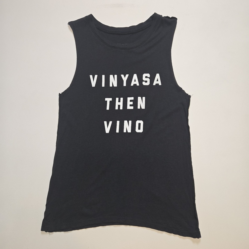 Social Sunday Vinyasa Then Vino Black Tank Top Womens Small/Medium Raw Edge USA‎